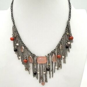 Boho Fringe Statement Necklace Mixed Stone Look Gunmetal Anthropologie Style